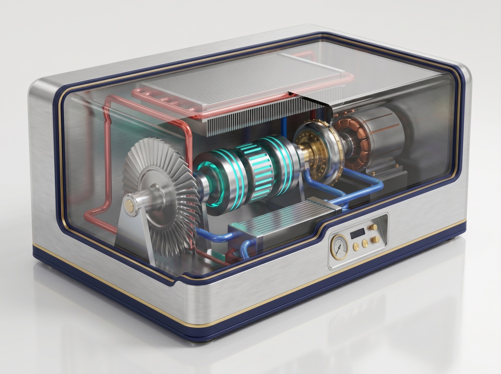 eCO₂ Power Generator のカットアウェイ図。筐体内部にテスラータービン、超臨界CO₂配管、ハルバッハ発電機が収まっている